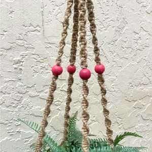 Plant Hanger Macrame Hand Crafted Jute Tan Pink Beads Botanical Terrarium